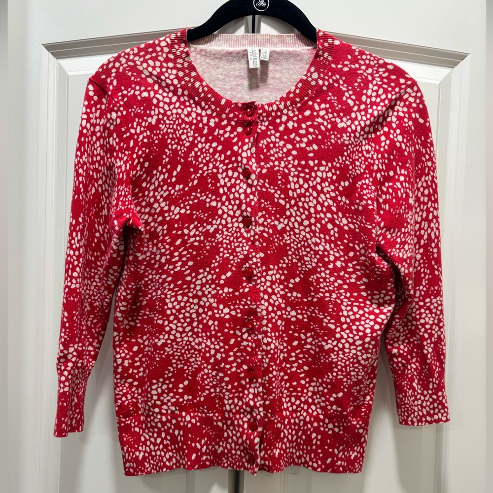 Madison Petite Classic 3/4 Sleeve Cartigan with Red and Cream Design Sz PS